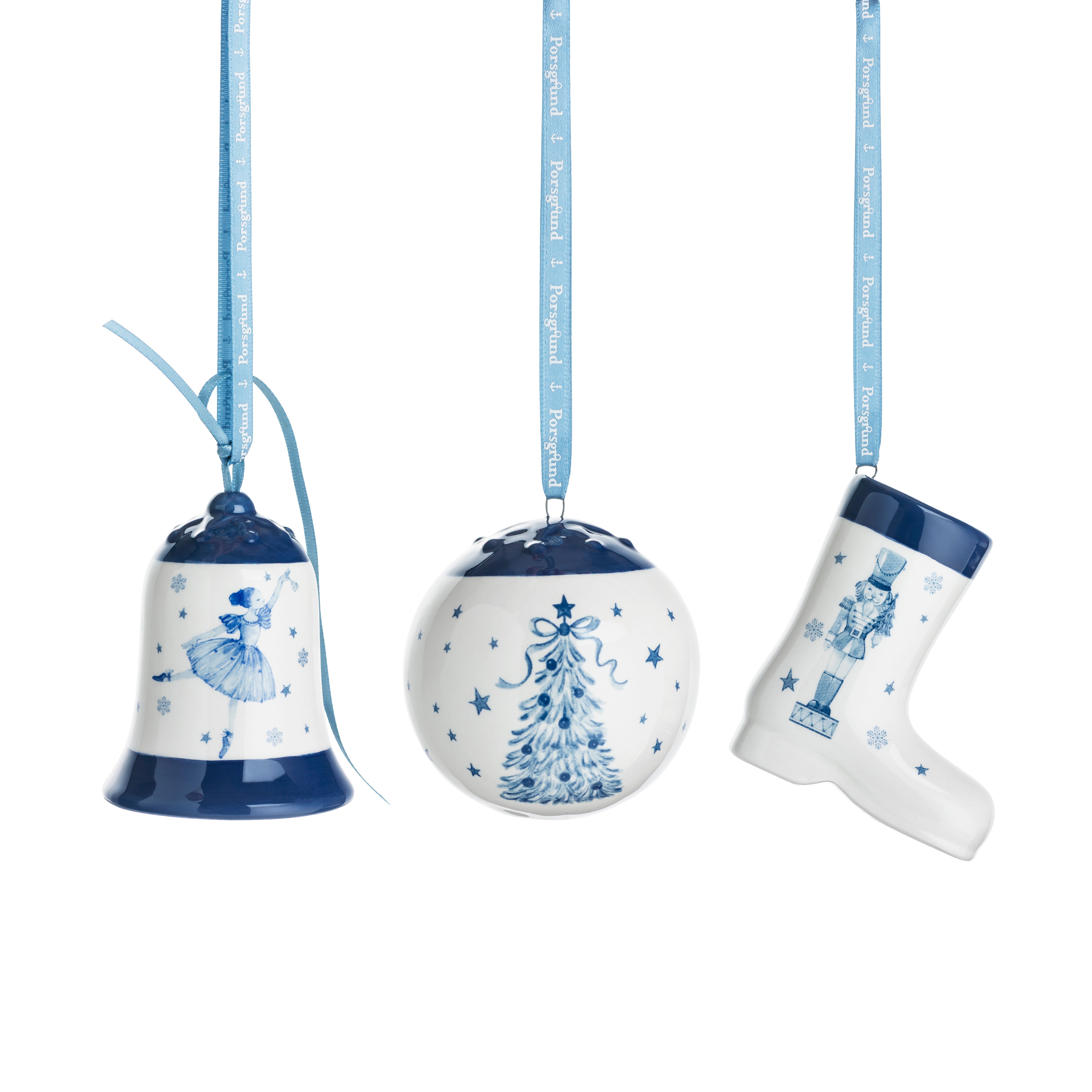 PORSELEN HENGEPYNT KLOKKE, STØVEL, KULE BLÅ BALLERINA  6,5 CM