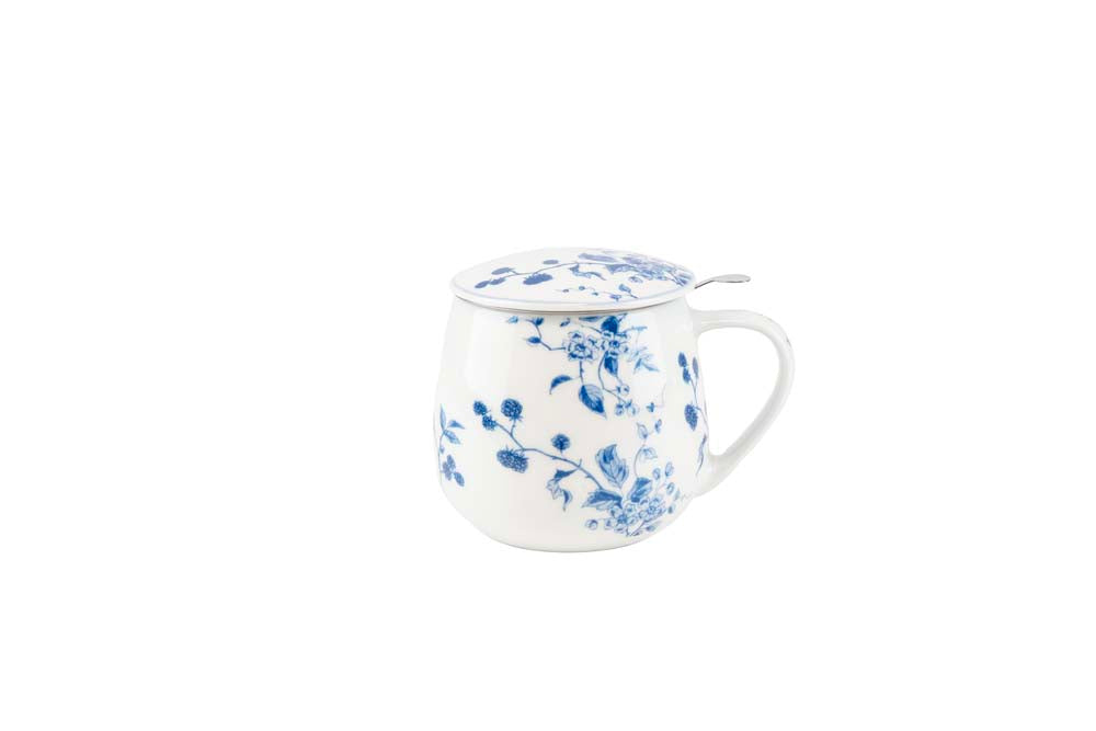 Tekrus med lokk og sil i keramikk, mønsteret Blå Bjørnebær, fra Teatime-serien.
