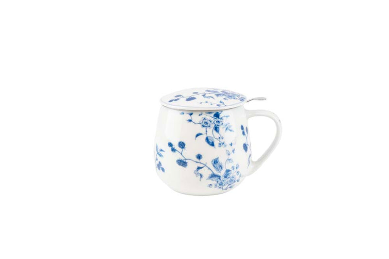 Tekrus med lokk og sil i keramikk, mønsteret Blå Bjørnebær, fra Teatime-serien.