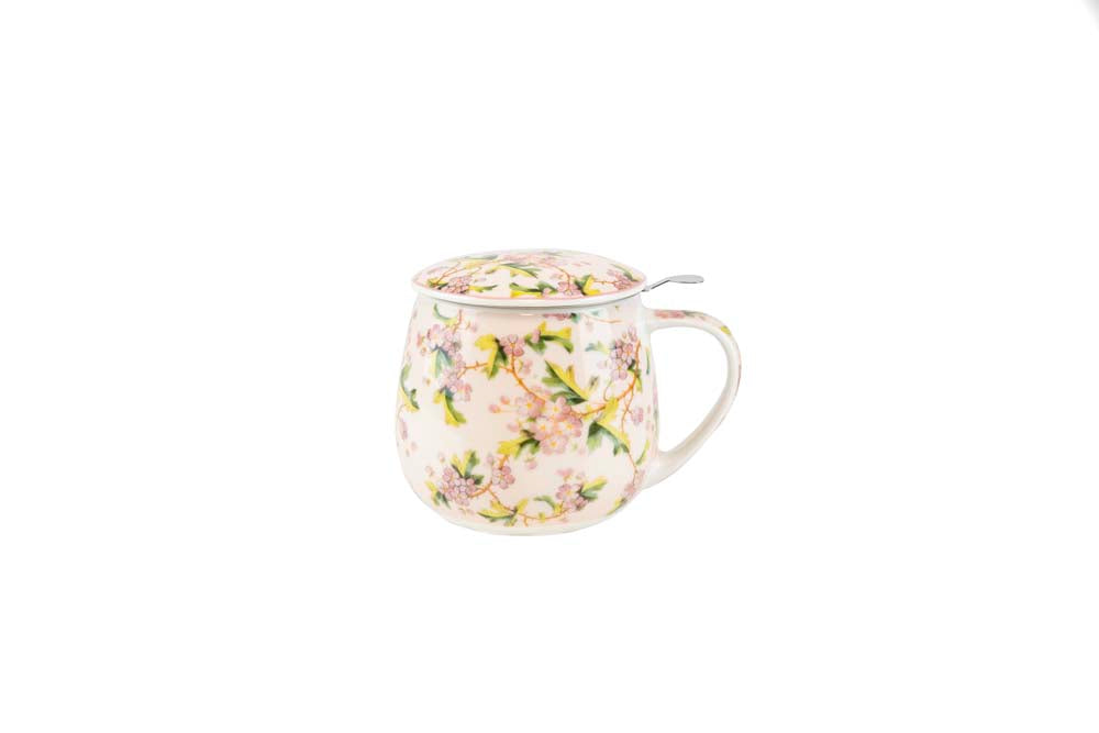 Tekrus med lokk og sil i keramikk, mønsteret Rosa Blomst, fra Teatime-serien.