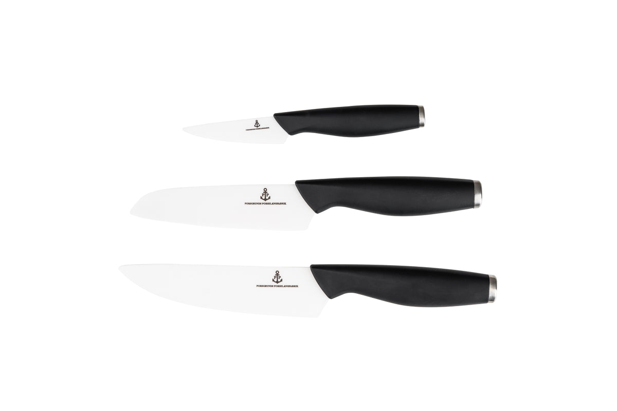GRØNNSAKSKNIV 7,5 CM + SANTOKU KNIV 14 CM + KOKKEKNIV 15 CM HVITT