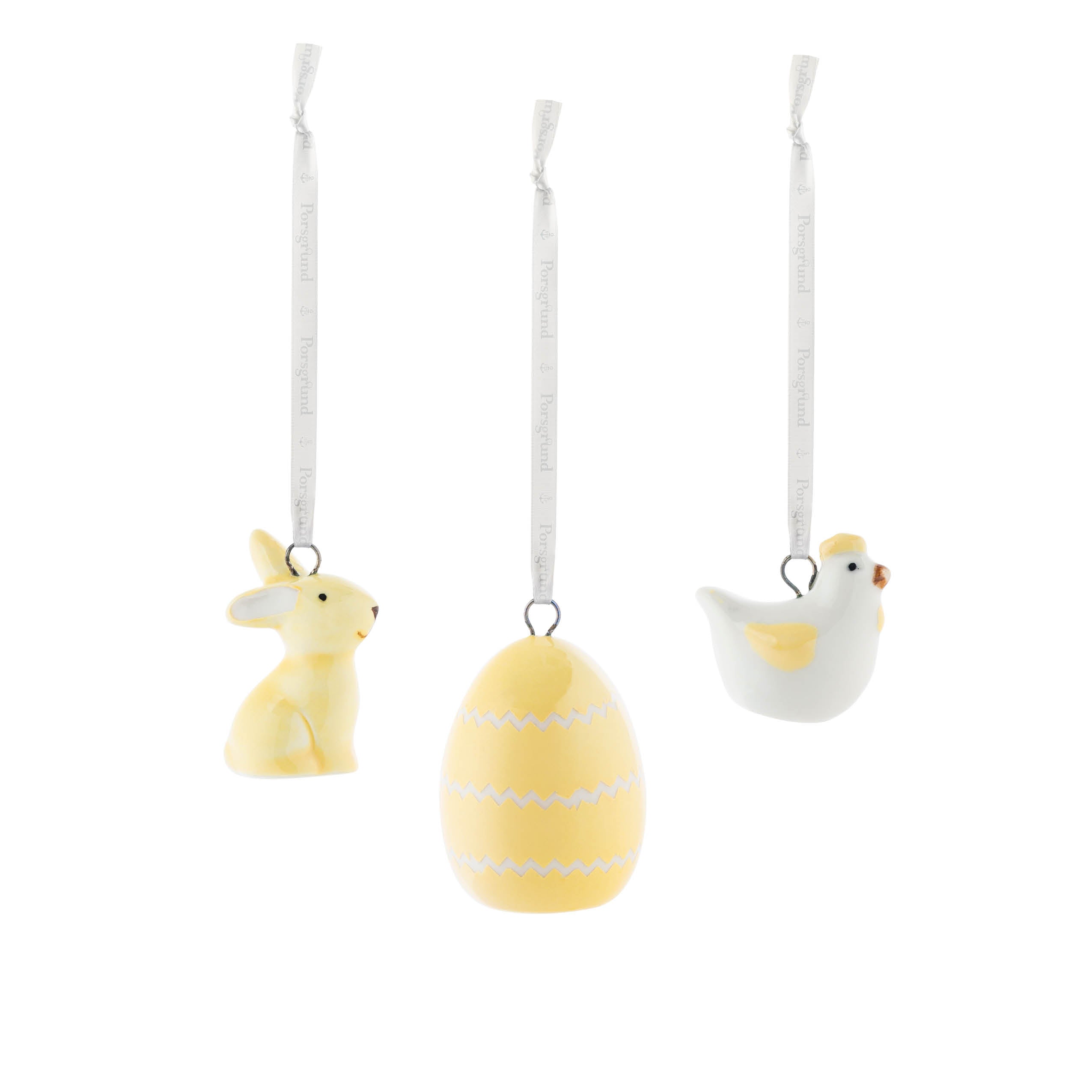 PÅSKEPYNT PORSELEN - HØNE, HARE, KANIN, EGG 3 PK - GUL