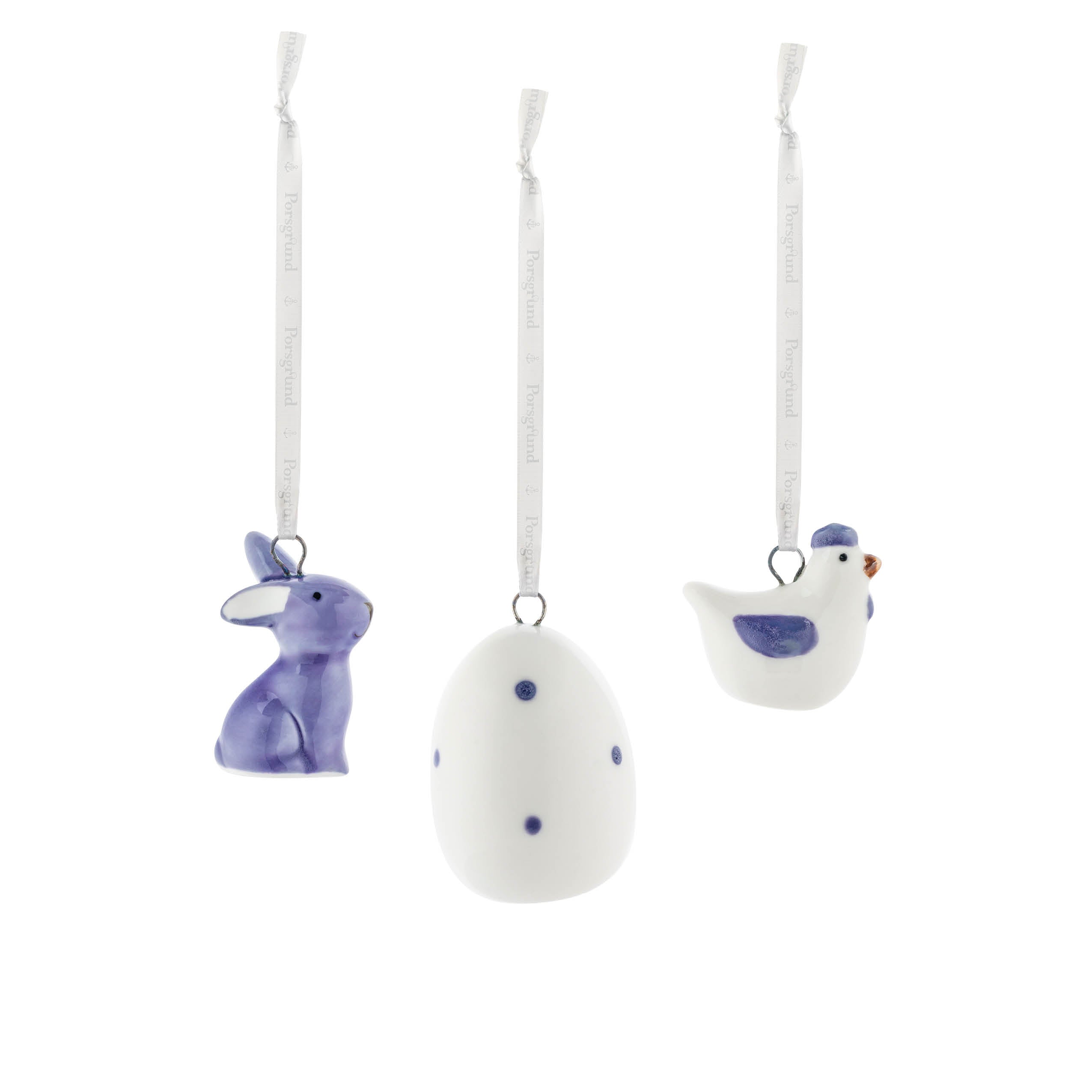 PÅSKEPYNT PORSELEN - HØNE, HARE, KANIN, EGG 3 PK - LILLA